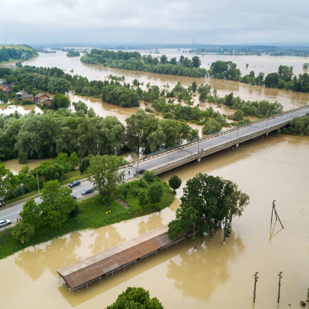 Aerial view of flooded houses with dirty water of Dnister river in Halych town, western Ukraine.